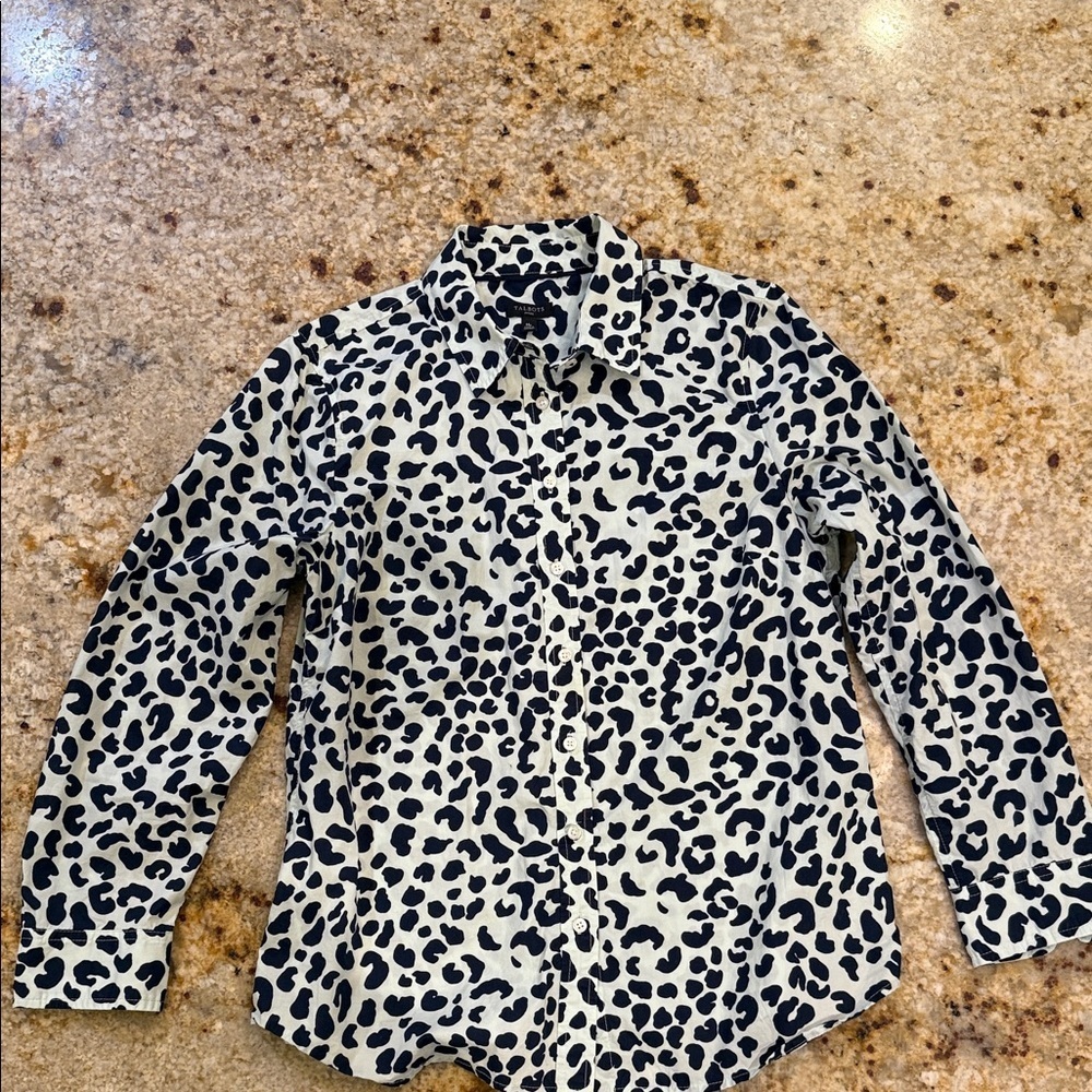 Talbots Black and green Leopard Print Button Down Shirt